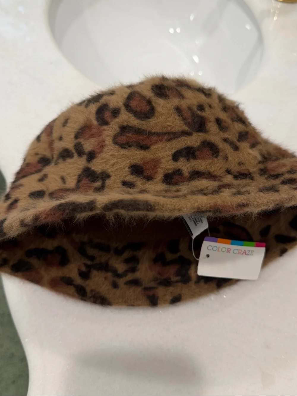 Faux Fur Leopard Print Bucket Hat - Rust & Black angora